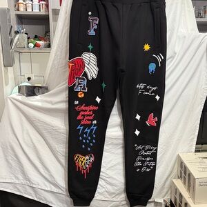 Black Graphic Sweatpants with Colorful Patches